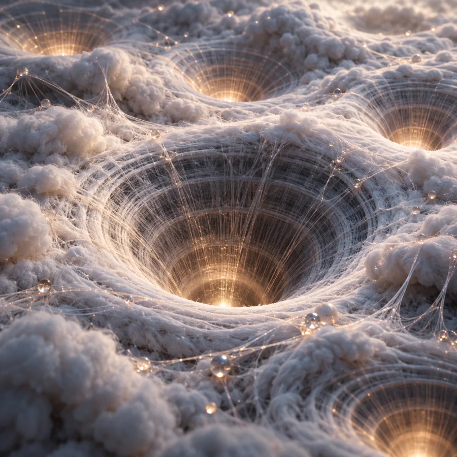 Cotton Gravity Wells: Soft cotton fibers drawn into deep circular depressions, concentric tension and delicate luminous strands.