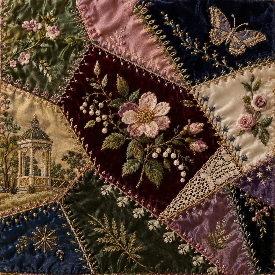 Crazy Quilting: Irregular silk and velvet patches joined with elaborate decorative stitches, richly varied sheen and asymmetrical composition.