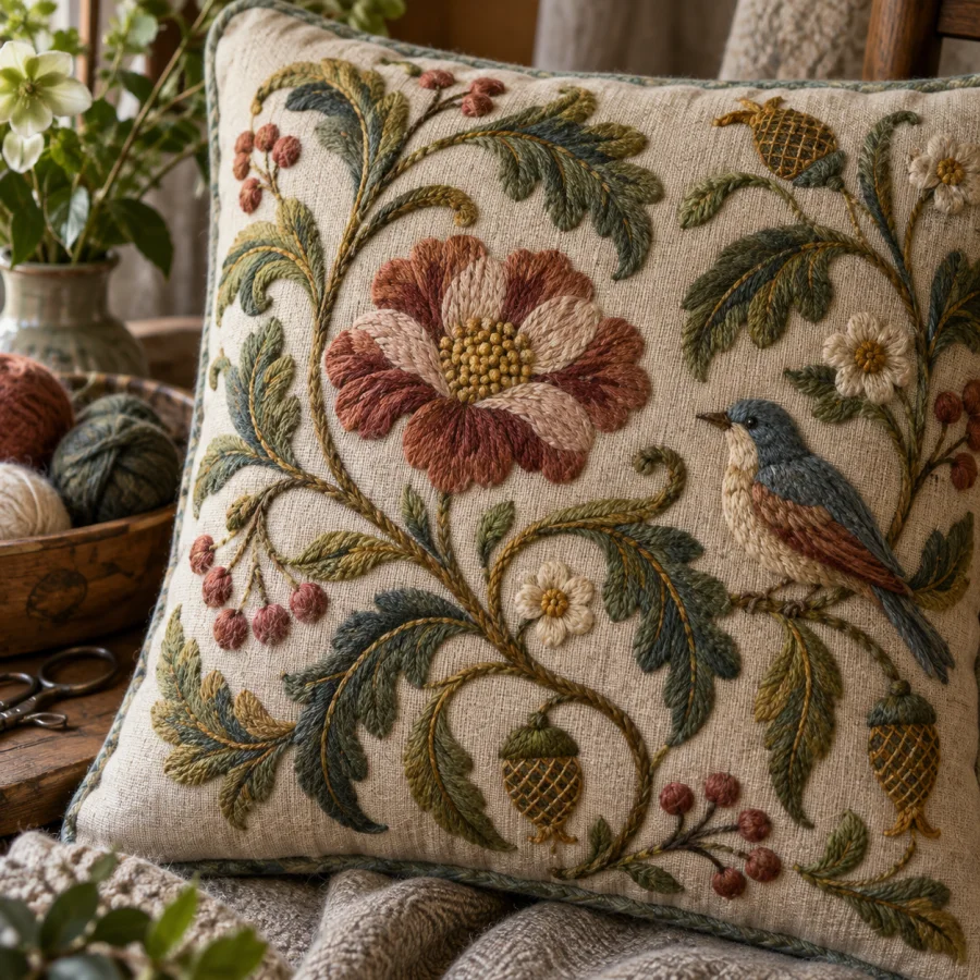 Crewel Embroidery: Twisted wool stitches on linen, flowing botanical scrolls, shaded leaves and a softly textured matte surface.