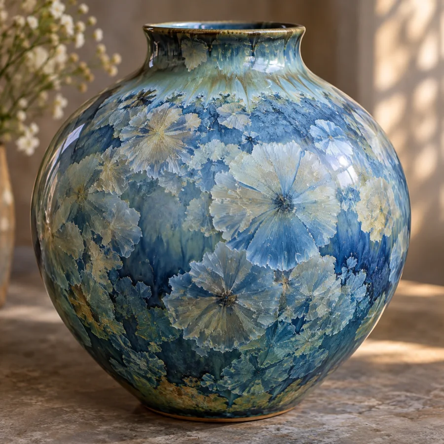 Crystalline Glaze: Large starburst crystals suspended in a glossy ceramic glaze, layered translucent color and mineral-like blooms.