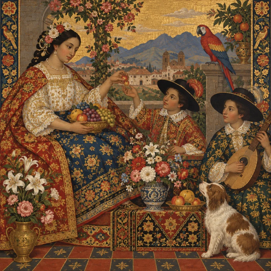 Cuzco-School Painting: Richly patterned garments, flattened pictorial space, delicate gold-like ornament and vivid decorative color adapted to an original secular scene.