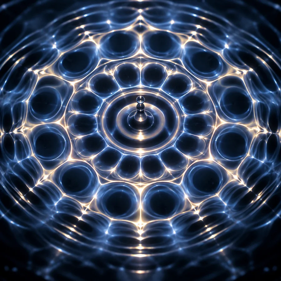 Cymatic Surface Study: A liquid surface organized into standing-wave patterns, concentric ripples, cellular symmetry and reflective highlights.