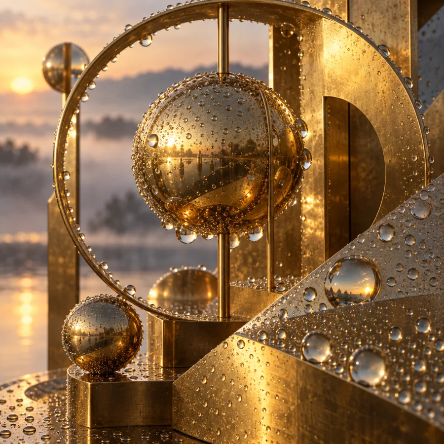 Dewpoint Brass Geometry: Brass geometric surfaces covered with carefully graded dew droplets, warm reflections and microscopic lens distortions.