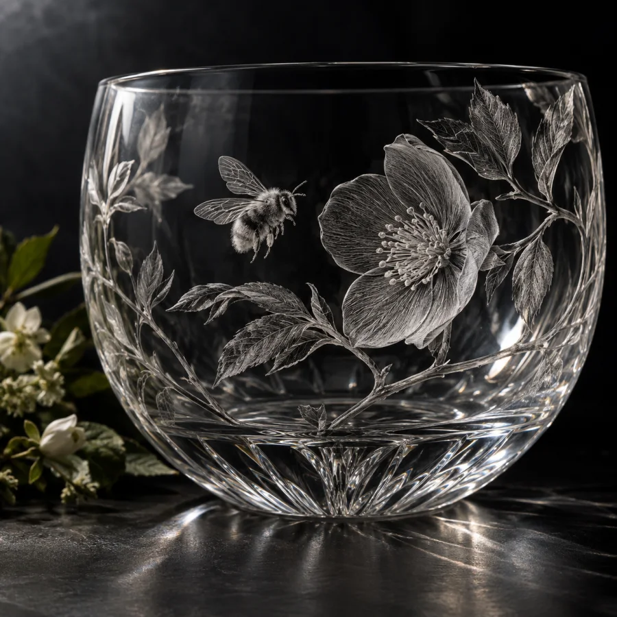 Diamond-Point Glass Engraving: Fine hand-scratched lines on clear glass, delicate white marks and reflected linework against dark space.