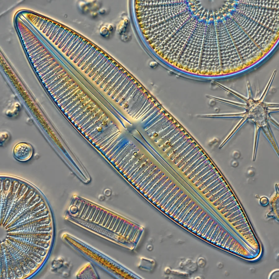 Differential-Interference Microscopy: Microscopic forms with directional pseudo-relief shading, subtle interference colors and precise translucent edges.