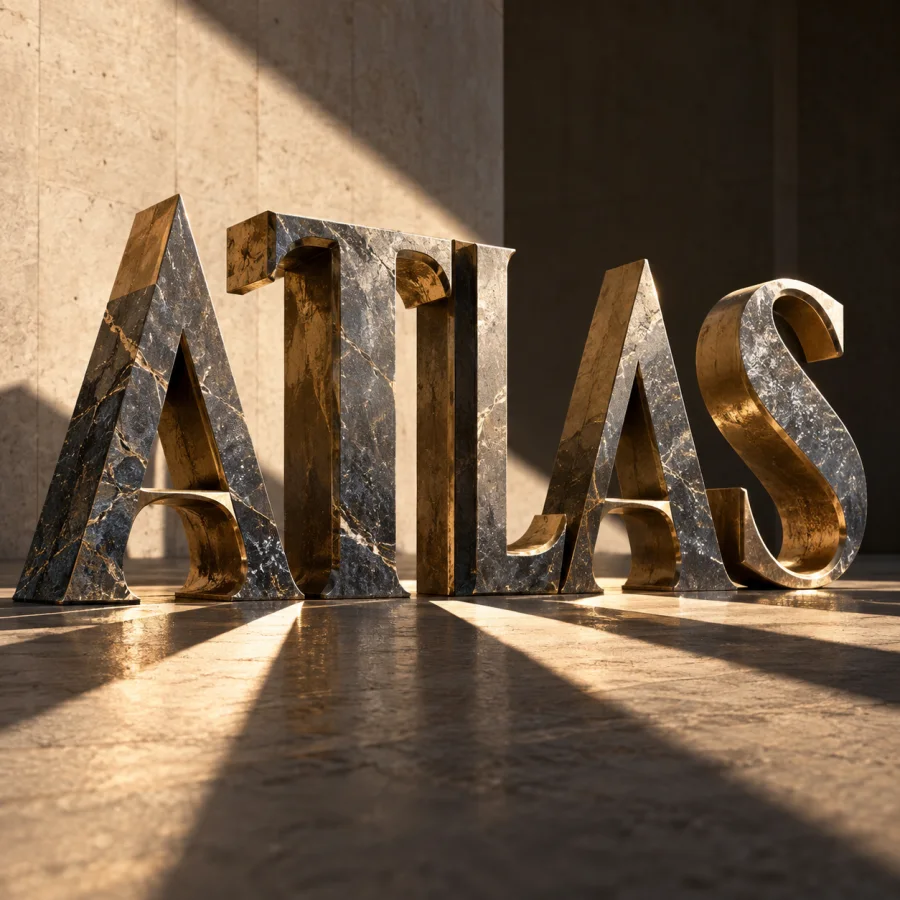 Dimensional Letter Sculpture: Freestanding sculptural letters with carefully modeled depth, material texture and dramatic cast shadows.