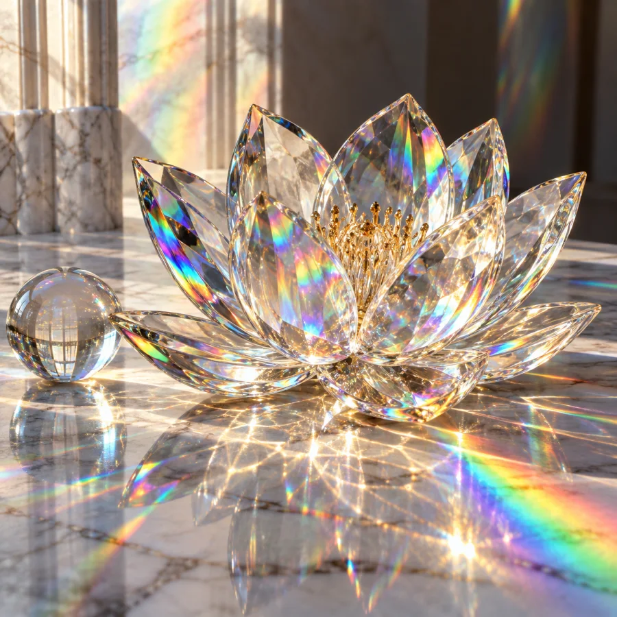 Dispersive Glass Render: Transparent glass splitting light into spectral caustics, precise refraction and elegant prismatic color separation.