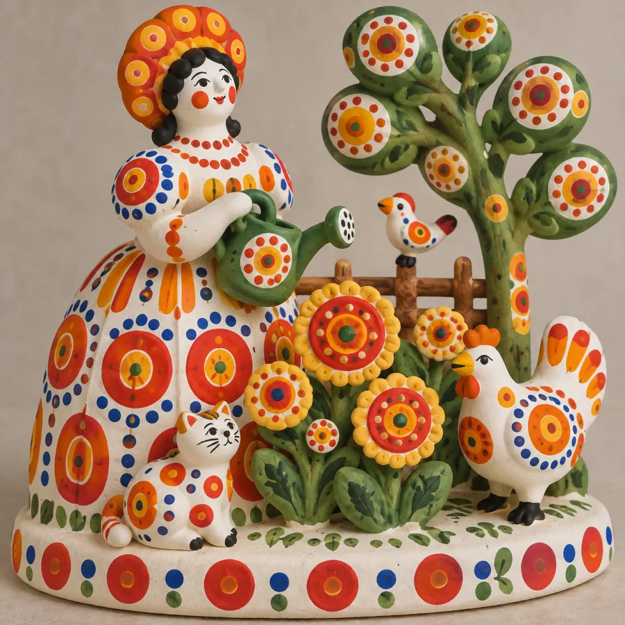 Dymkovo-Inspired Clay Toy: White clay figures covered with vivid circles, stripes and dots, rounded playful forms and bold rhythmic decoration.