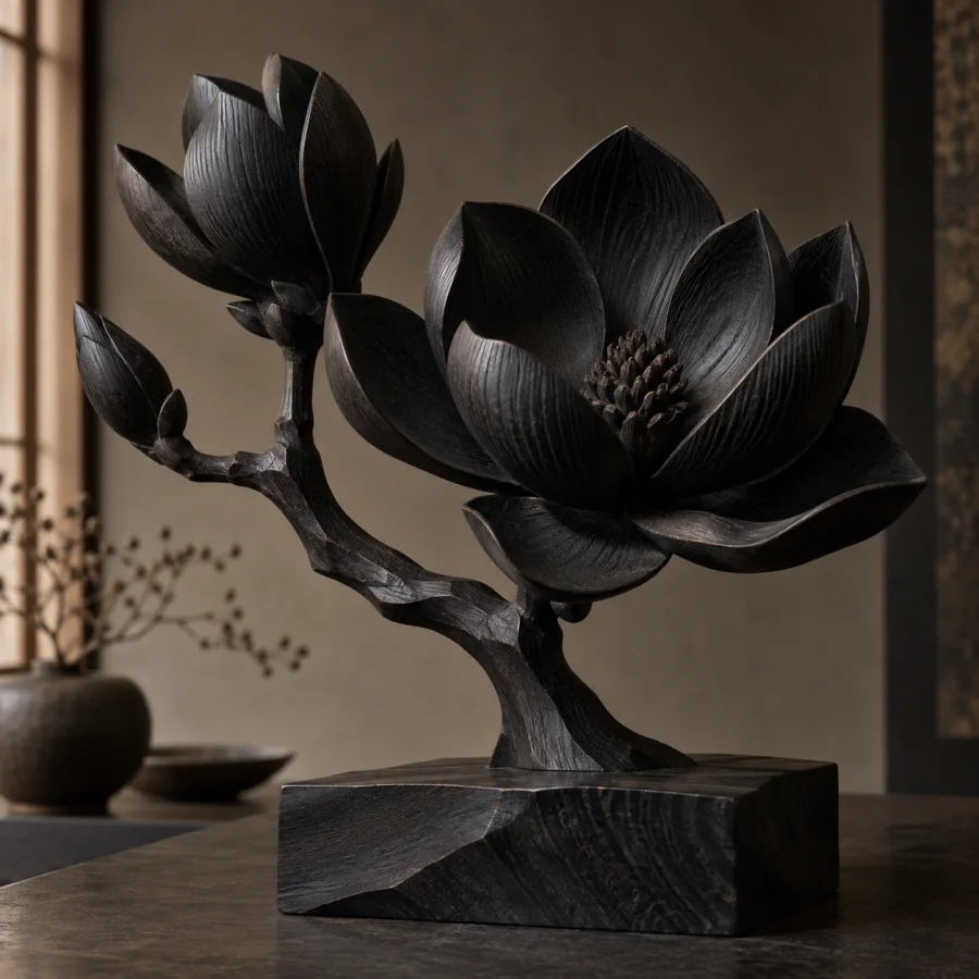 Ebonized Wood Sculpture: Deep blackened wooden surfaces with visible grain, matte recesses and softly polished projecting edges.