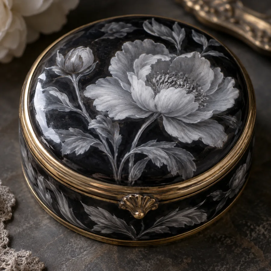 Enamel Grisaille: Pale enamel painted in thin layers over dark enamel ground, luminous monochrome modeling and glossy depth.
