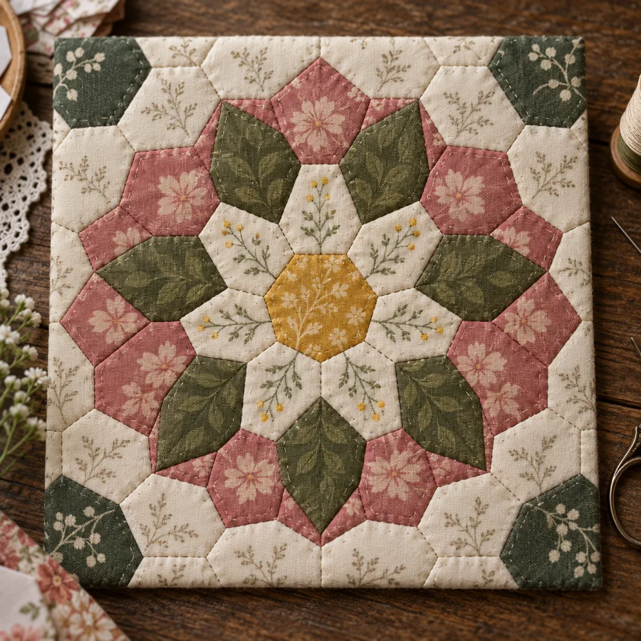 English Paper Piecing: Precisely joined fabric polygons, sharp corners, tiny hand stitches and intricate tessellated patchwork.