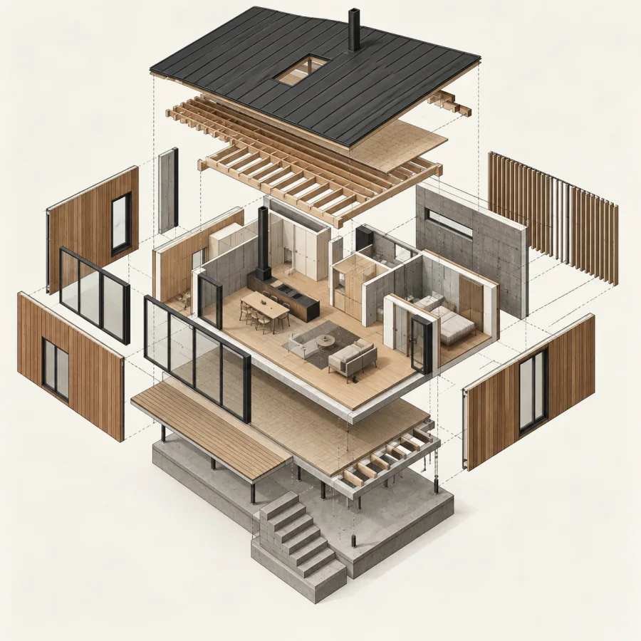 Exploded Axonometric Assembly: Parallel-projection parts separated along consistent axes, aligned component relationships and clean technical hierarchy.
