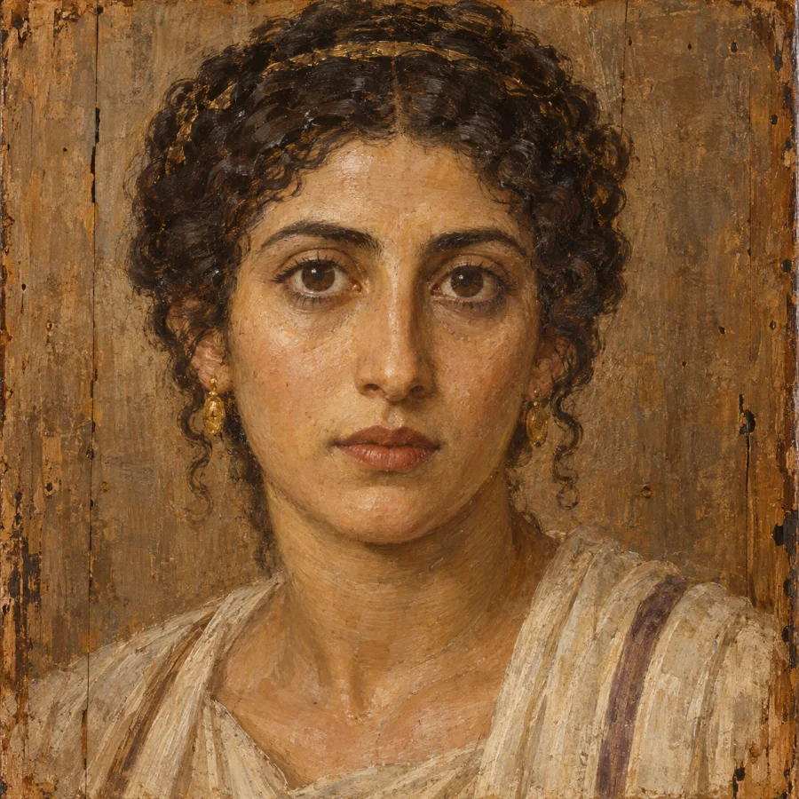 Fayum-Style Encaustic Portrait: Naturalistic painted portrait with luminous wax-like flesh tones, large attentive eyes, economical brushwork and a warm wooden ground.