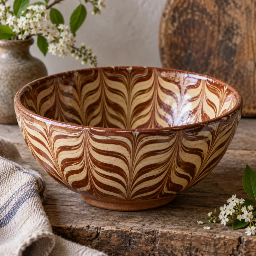 Feathered Slipware: Parallel slip bands combed into repeated feather-like chevrons, smooth earthenware and flowing rhythmic pattern.