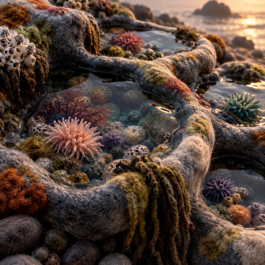 Felted Tide Pools: Soft wool basins filled with glossy resin-like water, fuzzy shorelines and miniature colored fiber organisms.