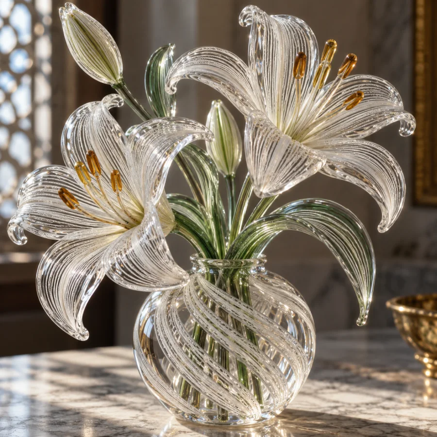 Filigrana Glass: Parallel white or colored glass threads enclosed in clear glass, flowing linear rhythm and optical depth.