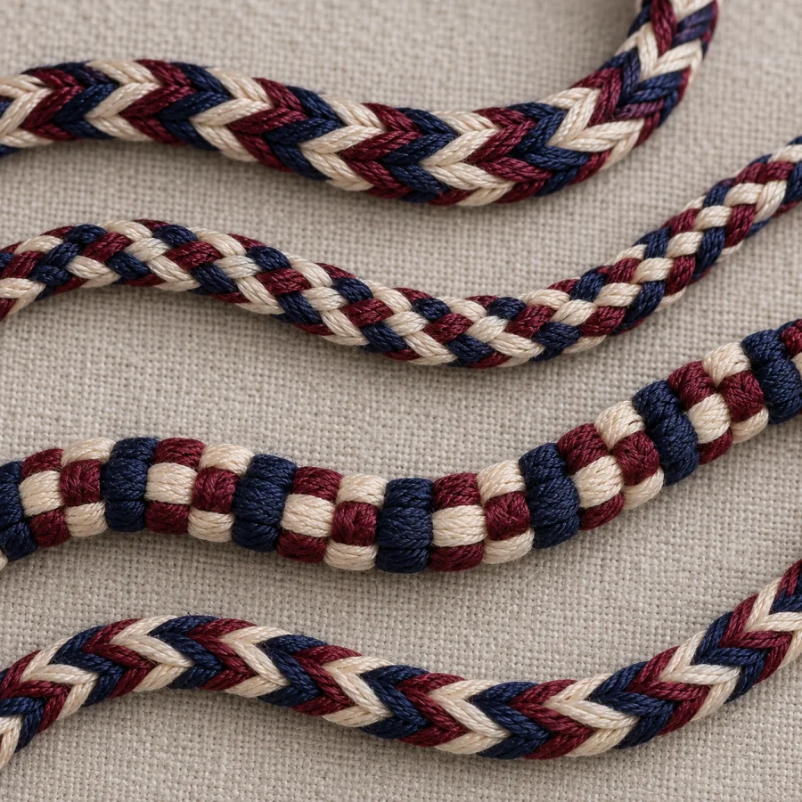Fingerloop Braiding: Narrow loop-manipulated braids with intricate repeating crossings and subtly squared cord profiles.