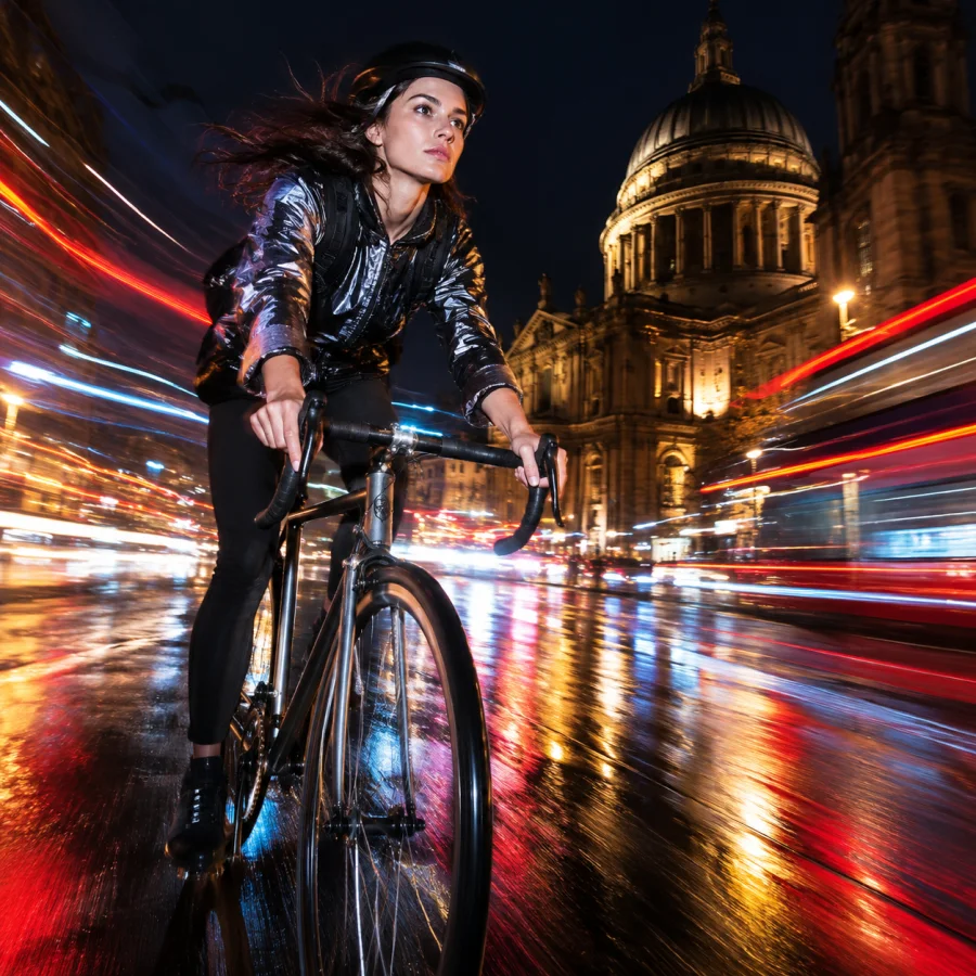 Flash-and-Ambient Drag: A sharply flash-frozen subject combined with trails of ambient light, dynamic motion and layered nighttime color.