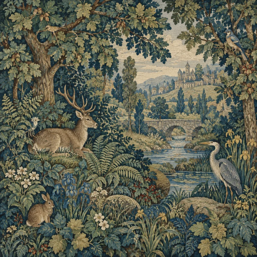 Flemish Verdure Tapestry: Dense woven foliage, layered green-blue plant forms, distant glimpses of landscape and softly textured thread-bound detail.