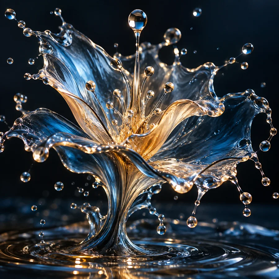Fluid-Simulation Sculpture: A frozen instant of splashing liquid with coherent sheets, tendrils, droplets and polished dynamic surfaces.