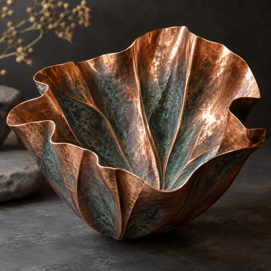 Fold-Formed Copper: Thin copper sheet folded and hammered into organic ridges, oxidized valleys and bright stretched edges.
