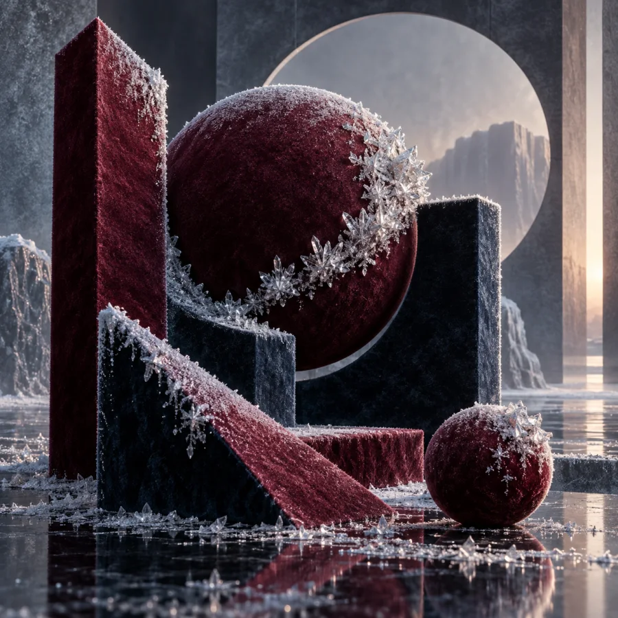 Frosted Velvet Geometry: Deep velvet geometric masses dusted with crystalline frost, soft light absorption contrasted with sharp icy sparkle.