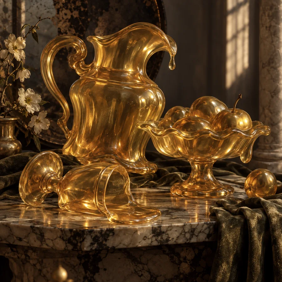 Gelatin Brass Still Life: Rigid-looking brass objects rendered as wobbling translucent gelatin, warm metallic color and softly collapsing contours.
