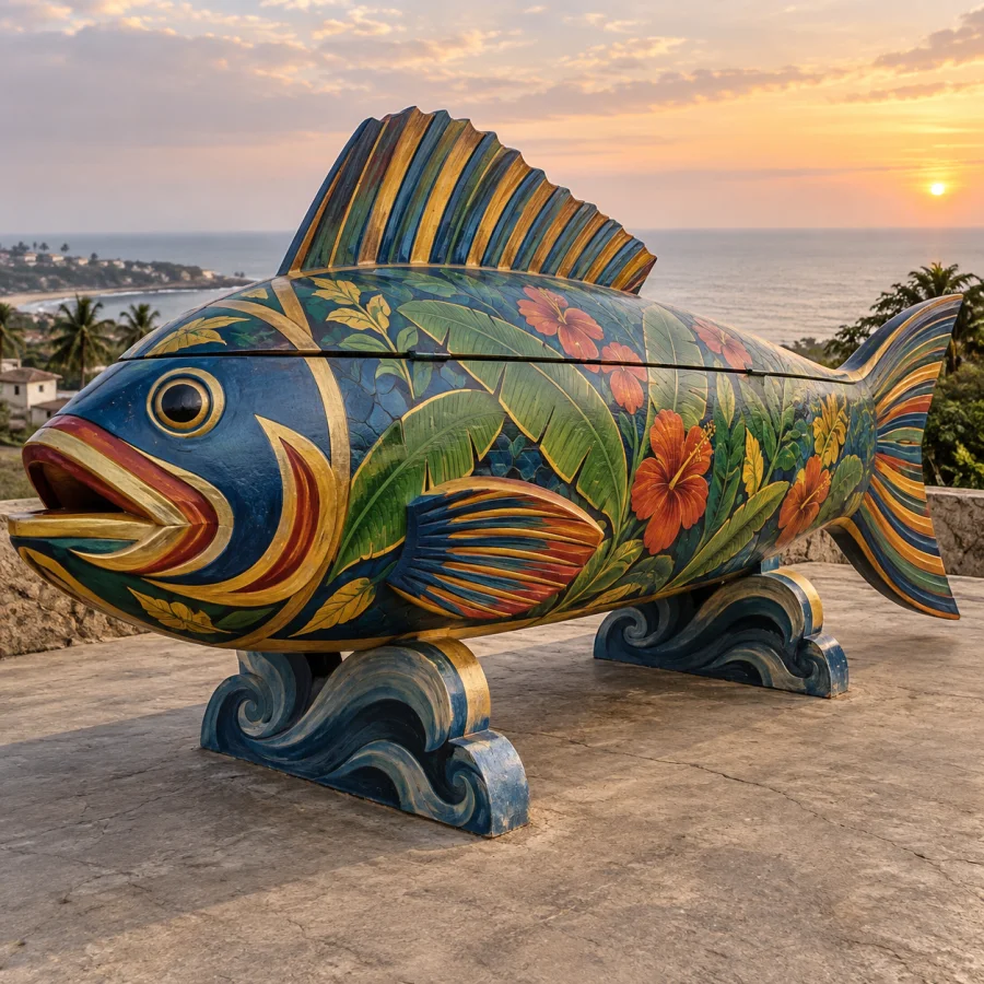Ghanaian Fantasy-Coffin Sculpture: An oversized everyday object transformed into a boldly painted handcrafted sculptural container, clear silhouette and exuberant material detail.