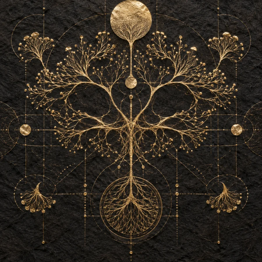 Gilded Mycelial Blueprint: Fine branching gold leaf lines across dark fibrous paper, network-like growth and precise architectural spacing.