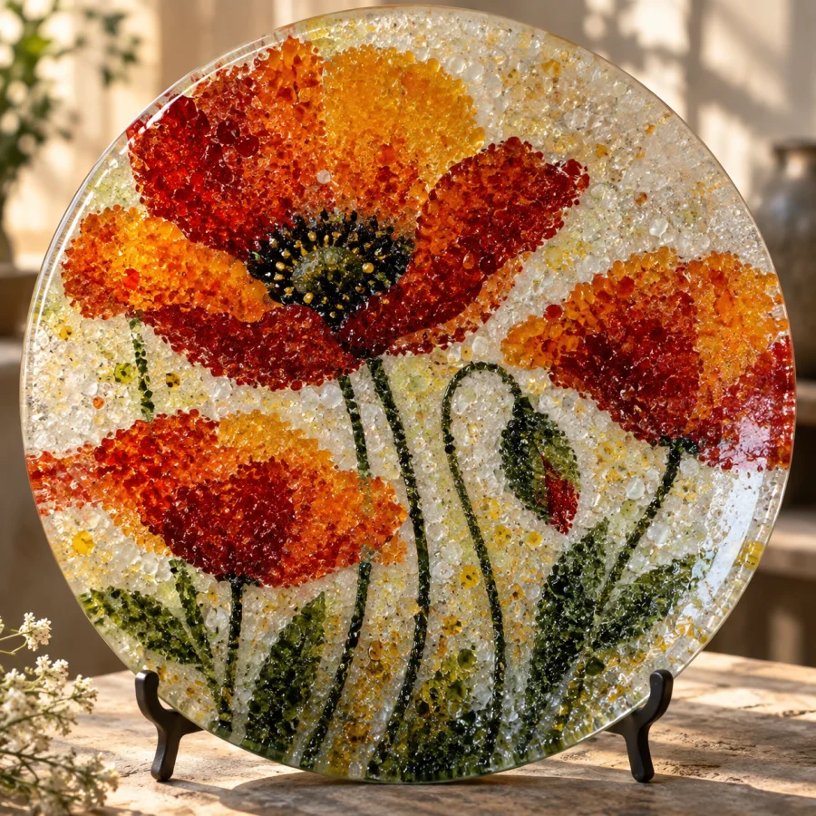 Glass Frit Painting: Fine crushed colored glass fused into pictorial or abstract fields, granular transitions and sparkling vitreous texture.