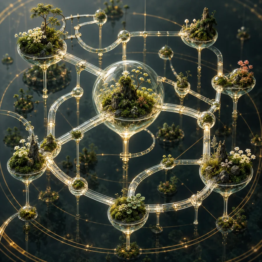 Glass-Moss Transit Map: Fine luminous glass paths connecting tiny moss islands, miniature botanical density and clean diagrammatic structure.