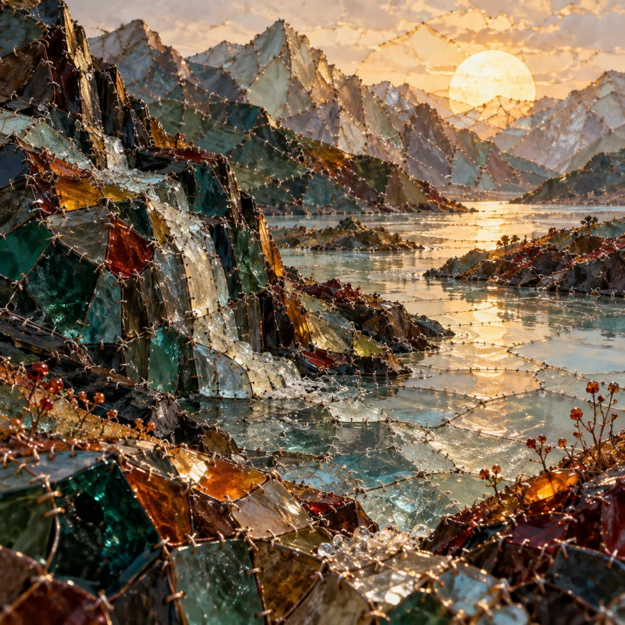 Glass-Suture Landscape: Small colored glass fragments joined by visible fine stitches, stitched valleys and shimmering patchwork terrain.