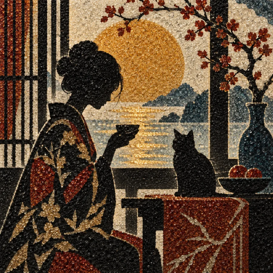 Glassgrain Woodcut: A relief-print-like image built from tiny glass grains, crisp cut-style silhouettes and sparkling granular surfaces.