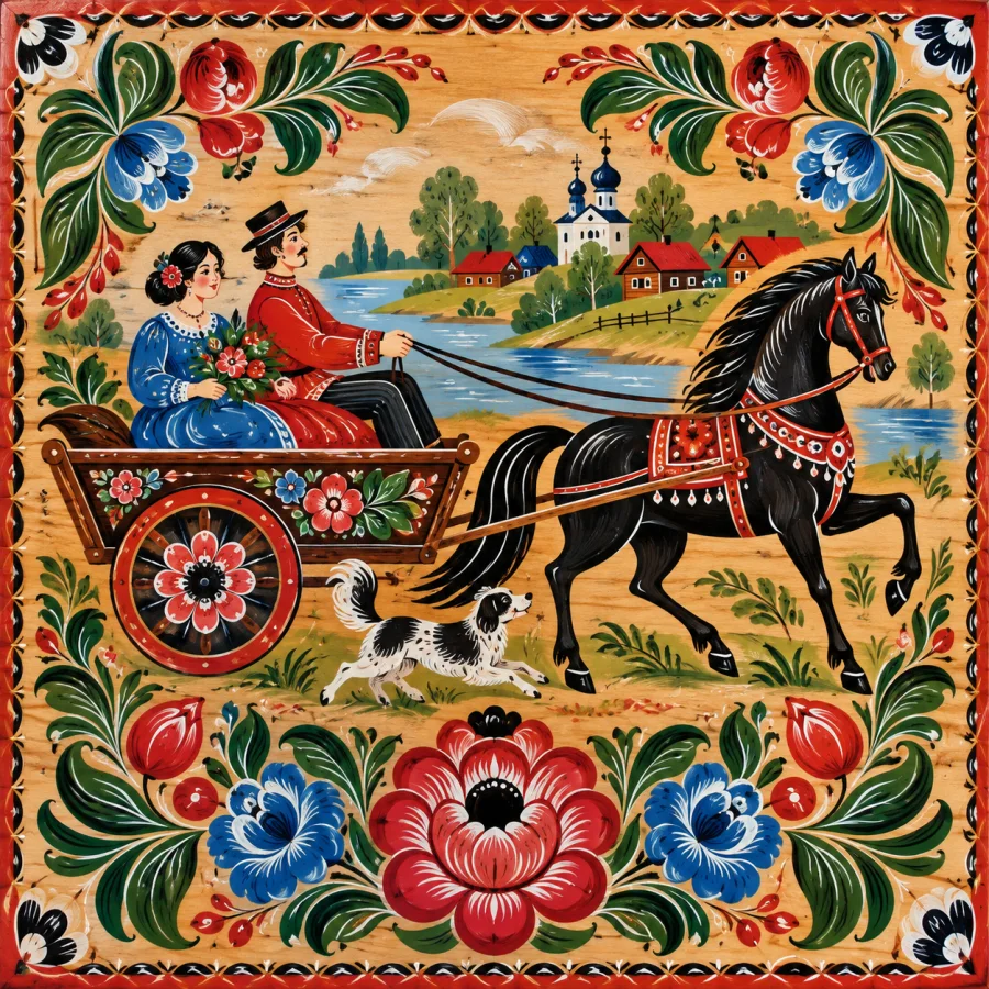 Gorodets Painting: Bright painted-wood scenes with stylized flowers, flowing decorative leaves, vivid color and confident rounded brushwork.