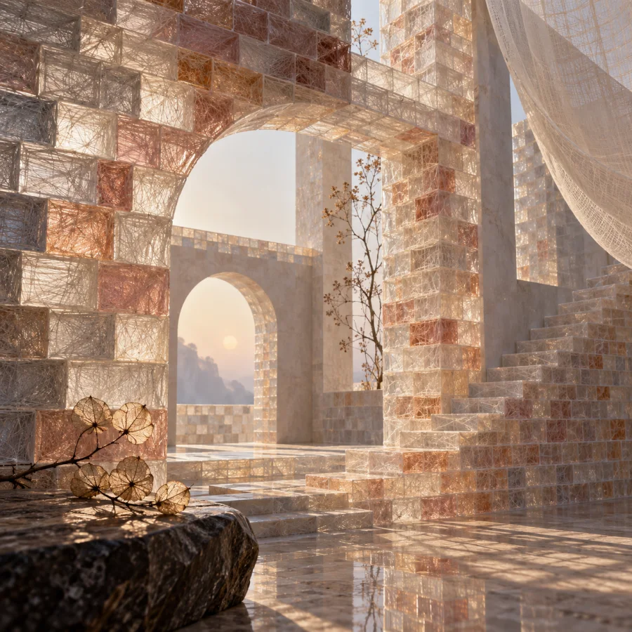 Gossamer Brickwork: Tiny translucent fiber blocks stacked like masonry, airy mortar gaps and delicate cumulative shadows.