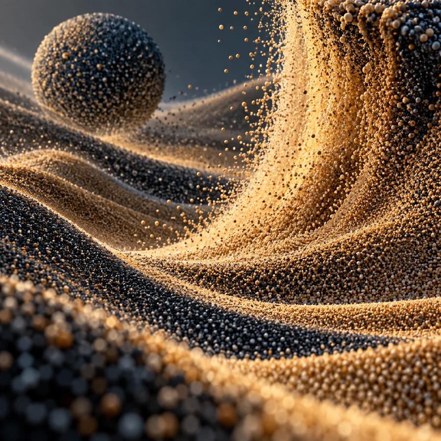 Granular-Simulation Landscape: Thousands of individual grains forming flowing dunes and avalanches, visible particle scale and convincing granular motion.