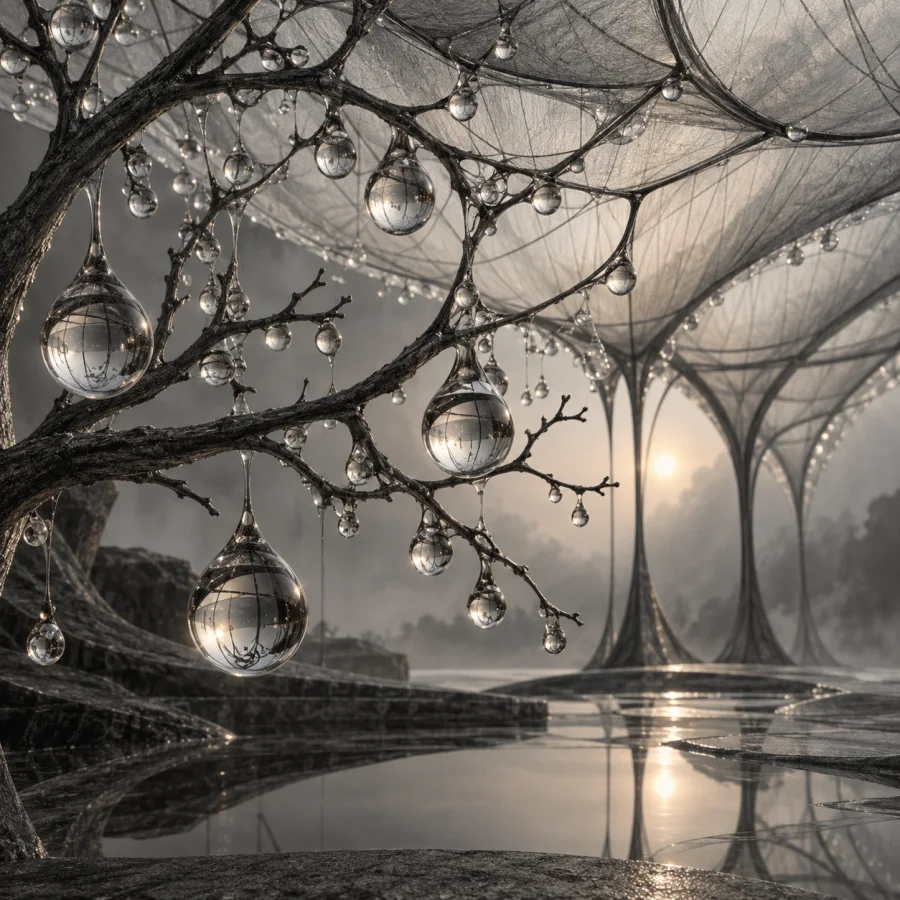 Graphite Dew Canopy: Fine graphite branches supporting clear droplets, reflective lenses and smoky pencil-like structural lines.