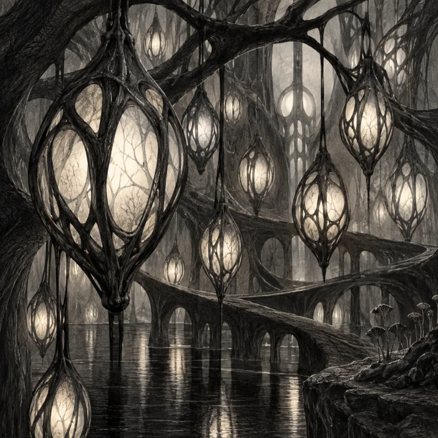 Graphite Lantern Forest: Hollow lantern-like forms drawn from dense graphite strokes, glowing erased interiors and a dark branching rhythm.