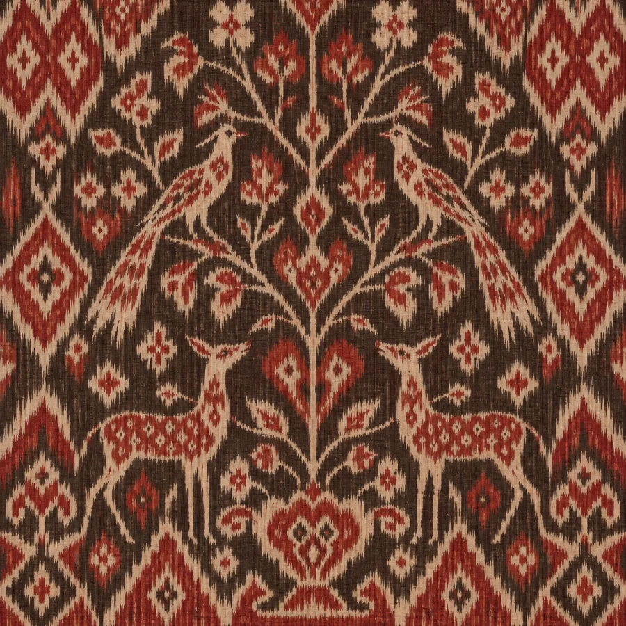 Gringsing-Inspired Double Ikat: Softly feathered woven geometry in restrained red, brown and cream, dense interlocking patterns and visible resist-dyed thread structure.