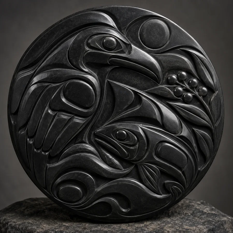 Haida-Inspired Argillite Carving: Dense black stone carved into tightly interlocking relief, smooth polished planes and deep precise cuts using original secular forms.