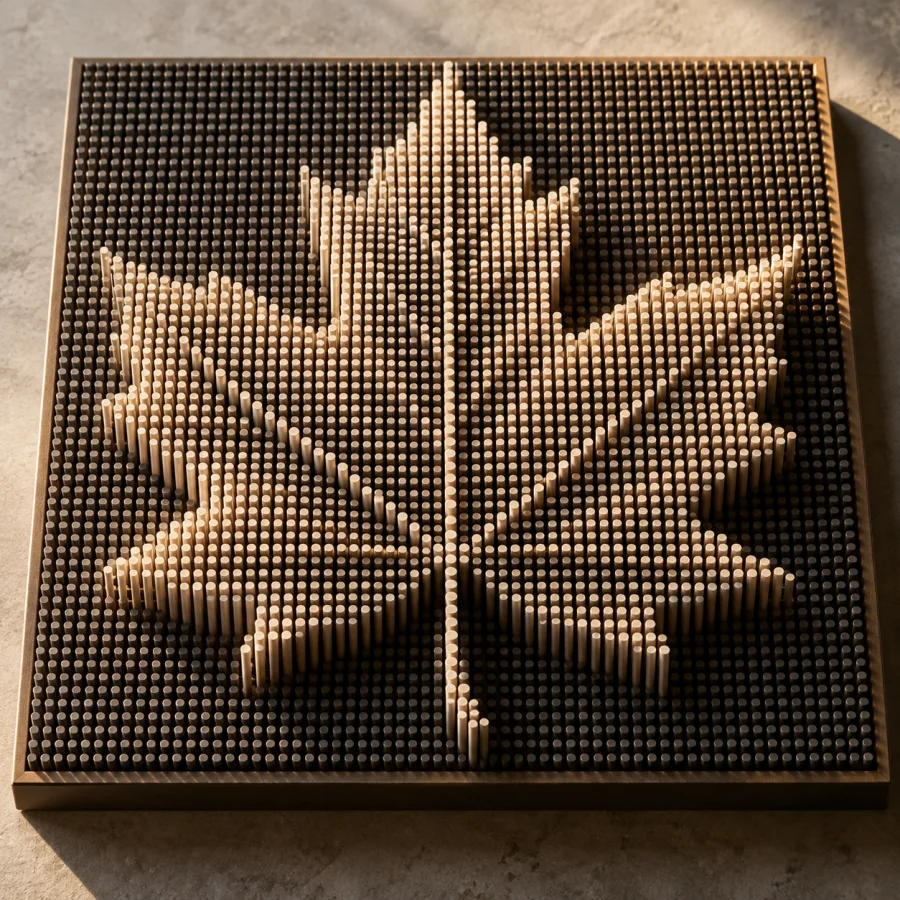 Halftone Depth Sculpture: A physical-looking field of rods or dots whose height and density reveal an image, tactile relief and directional shadows.