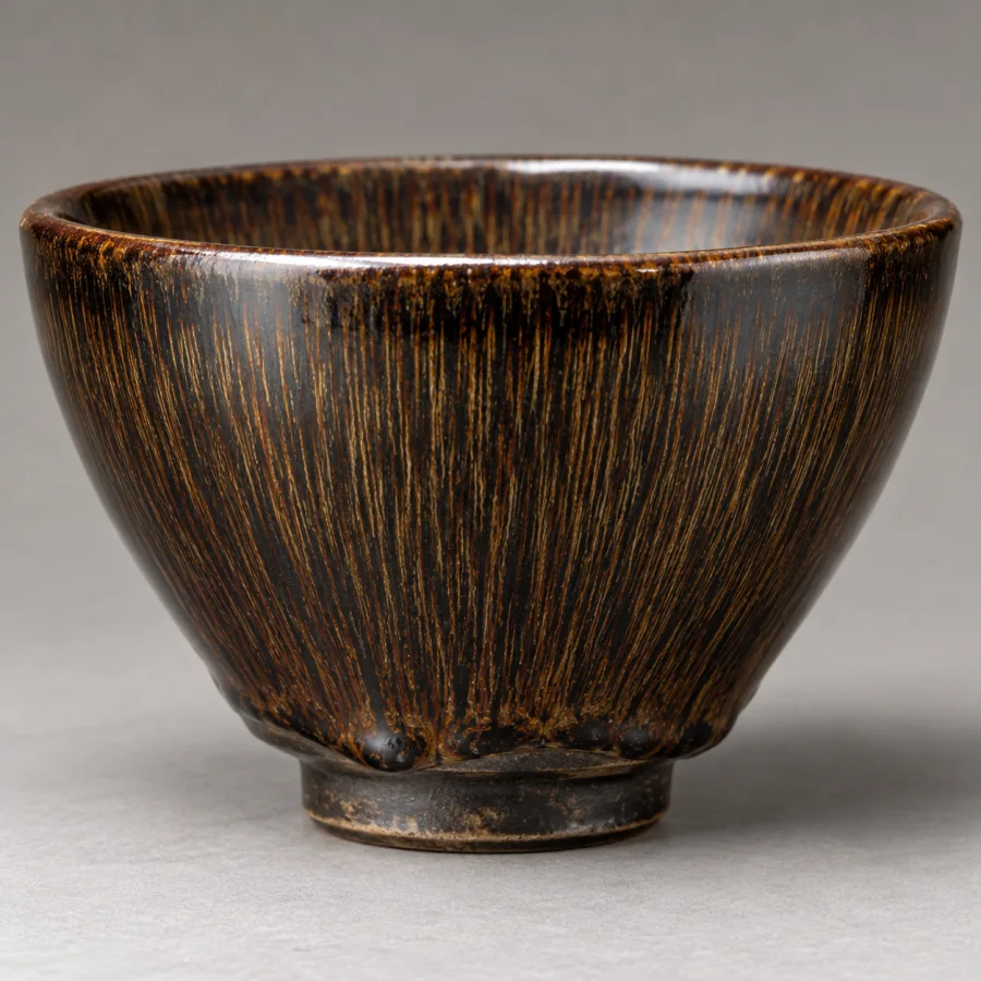 Hare's-Fur Glaze: Fine rust-gold streaks flowing down dark glazed ceramic, luminous vertical striations and deep brown-black pools.