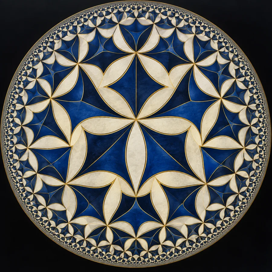 Hyperbolic Tessellation: Interlocking geometric forms shrinking toward a circular boundary, precise repeated motifs and rich mathematical rhythm.