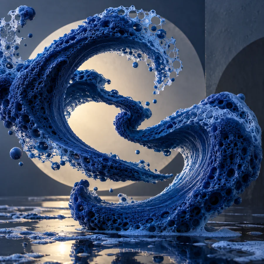 Indigo Foam Calligraphy: Thick cellular blue foam shaped into sweeping nonverbal brush-like gestures, porous edges and fluid rhythm.