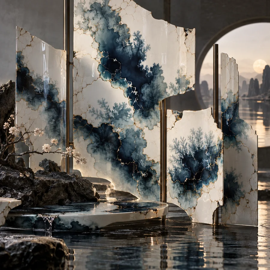 Ink-Bloom Porcelain Atlas: Thin porcelain panels carrying spreading ink blooms that resemble imaginary maps, glossy pooling and pale cracked margins.