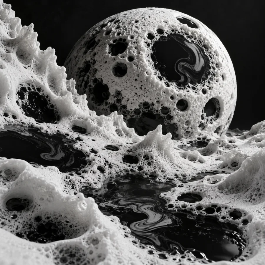 Ink-Foam Lunar Relief: Black ink trapped in white cellular foam, crater-like pockets and stark abstract topography.