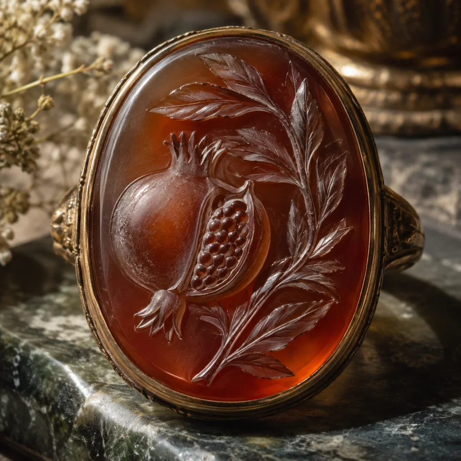 Intaglio Gem Carving: Recessed images carved into translucent colored stone, polished surfaces and delicate incised shadow.