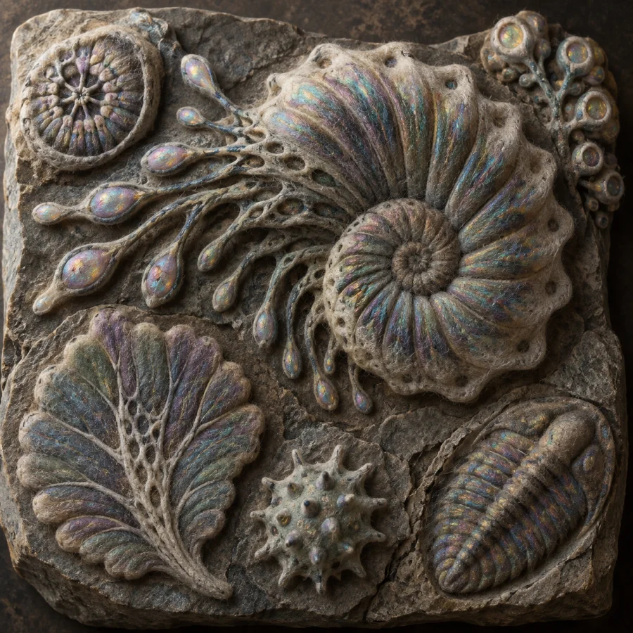 Iridescent Felt Fossils: Soft felt impressions of imaginary organisms with subtle spectral fibers, muted mineral colors and shallow embossed detail.
