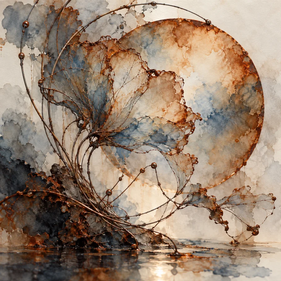 Iron Filament Watercolor: Delicate iron-like filaments following wet watercolor blooms, rust-colored edges and transparent layered washes.