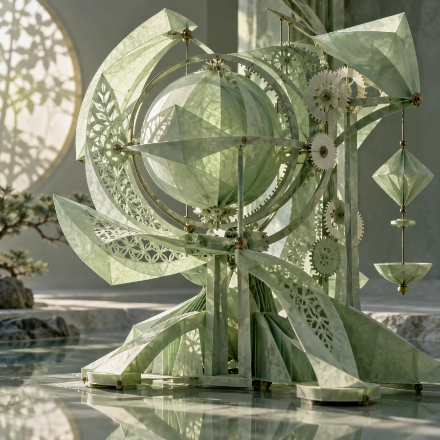 Jade Paper Machinery: Folded pale green paper mechanisms with visible hinges, delicate gear-like cuts and softly translucent surfaces.